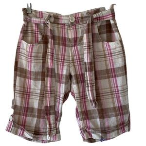 Old Navy Girls Pink Brown Plaid Adj Waist Bermuda Summer Linen Cotton Shorts 10
